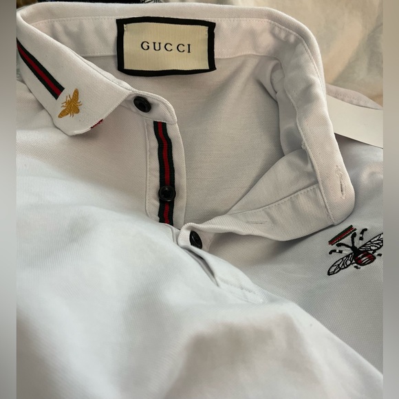 GUCCI Men’s Classic Style White Cotton Polo Shirt Embroidered Bee/Logo; Size XXL - Picture 6 of 12